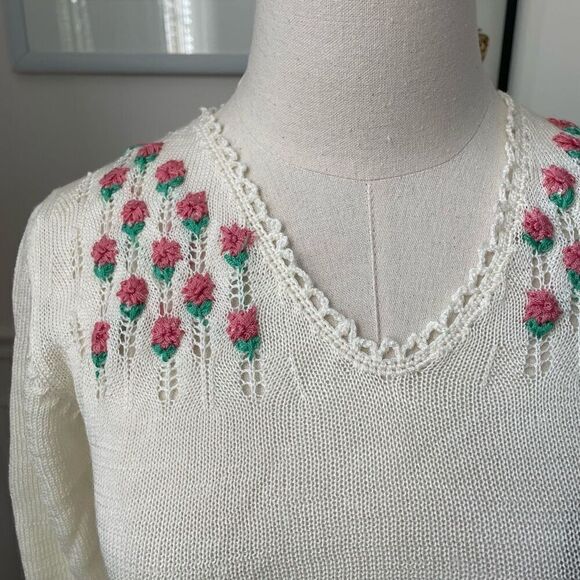 NWT NOS Vintage 70s Georgie Porgie Knit Sweater Embroidered Flowers XS - Picture 3 of 8